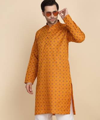 Ethnic motifs cotton blend mustard kurta 4