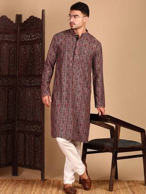 Brown cotton sequins kurta pajama for mens 5