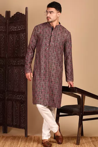 Brown cotton sequins kurta pajama for mens