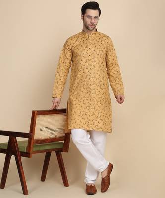 Floral printed cotton blend beige kurta 1