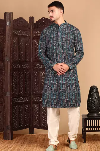 Firozi cotton sequins kurta pajama for mens