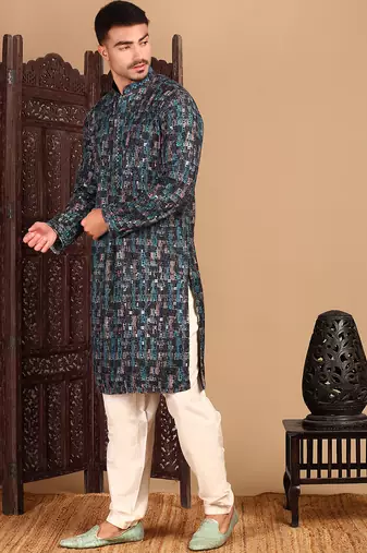 Firozi cotton sequins kurta pajama for mens