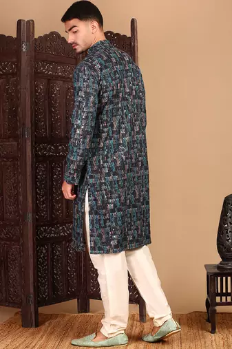 Firozi cotton sequins kurta pajama for mens