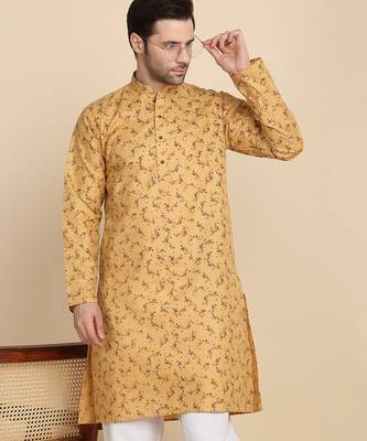Floral printed cotton blend beige kurta 4
