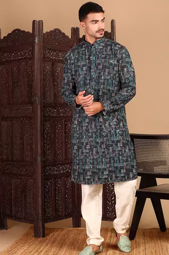 Firozi cotton sequins kurta pajama for mens