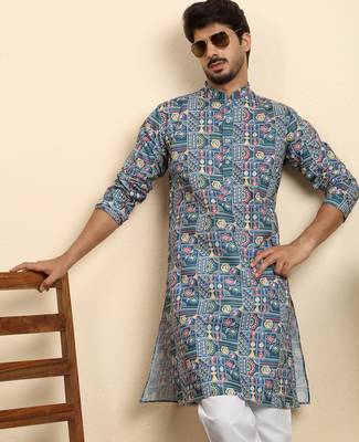 cotton blend geometric printed blue kurta 1
