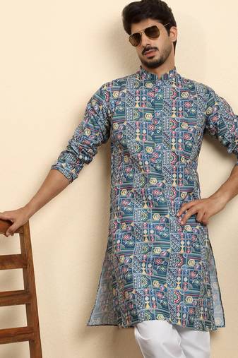 cotton blend geometric printed blue kurta