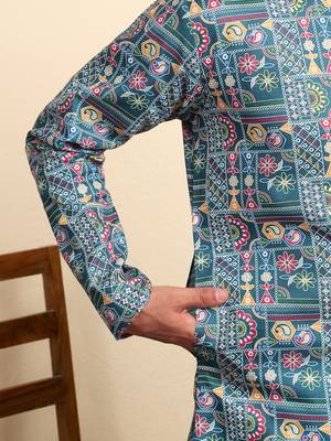 cotton blend geometric printed blue kurta 4