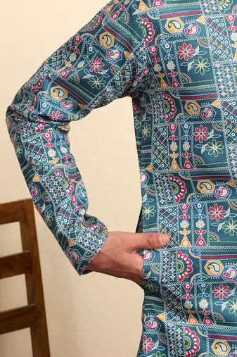cotton blend geometric printed blue kurta