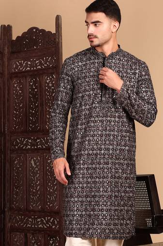 Black cotton sequins kurta pajama for mens