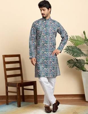 cotton blend geometric printed blue kurta 5