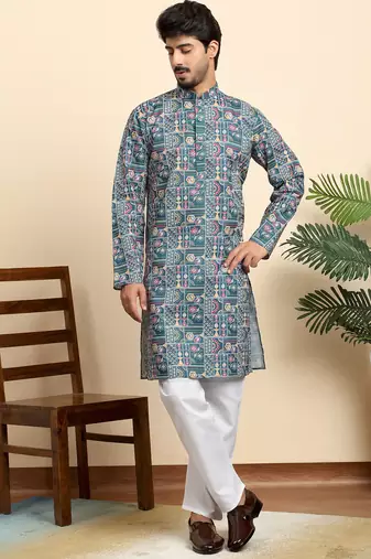 cotton blend geometric printed blue kurta