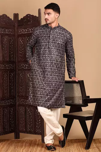 Black cotton sequins kurta pajama for mens