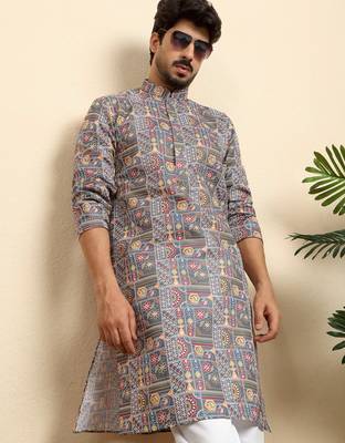 cotton blend geometric printed grey kurta 1