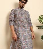 cotton blend geometric printed grey kurta