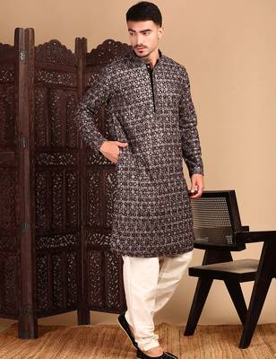 Black cotton sequins kurta pajama for mens 3