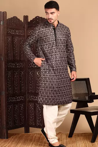 Black cotton sequins kurta pajama for mens
