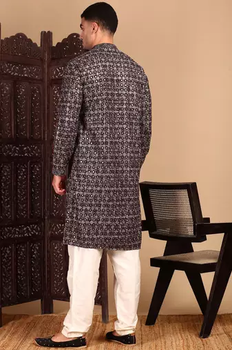 Black cotton sequins kurta pajama for mens