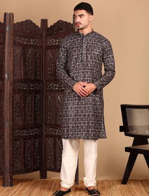 Black cotton sequins kurta pajama for mens 5