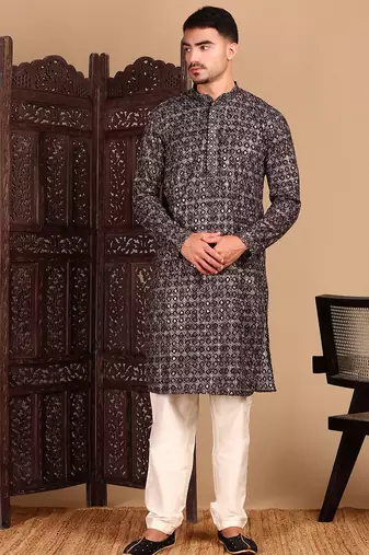Black cotton sequins kurta pajama for mens