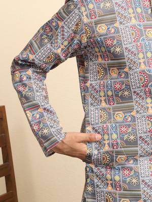 cotton blend geometric printed grey kurta 4
