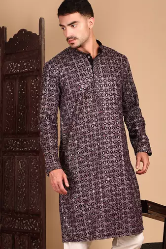 Rust cotton sequins kurta pajama for mens