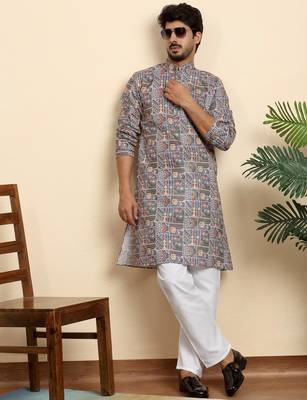 cotton blend geometric printed grey kurta 5