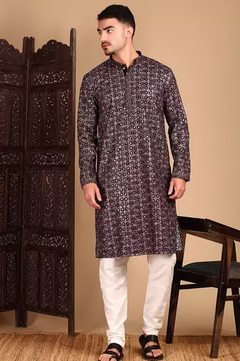 Rust cotton sequins kurta pajama for mens