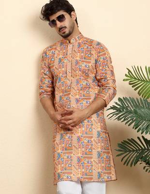 cotton blend geometric printed orange kurta 1