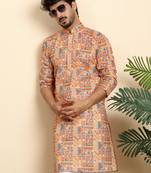 cotton blend geometric printed orange kurta