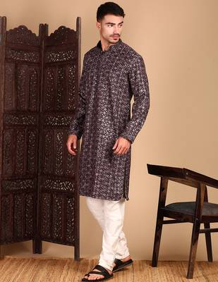 Rust cotton sequins kurta pajama for mens 3