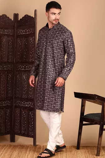 Rust cotton sequins kurta pajama for mens