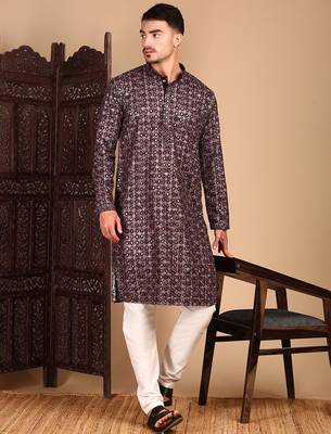 Rust cotton sequins kurta pajama for mens 5