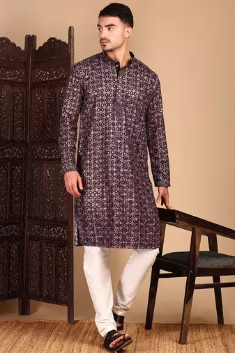 Rust cotton sequins kurta pajama for mens