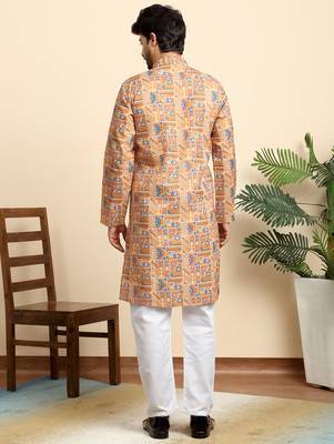 cotton blend geometric printed orange kurta 3