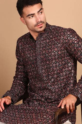 maroon cotton sequins kurta pajama for mens