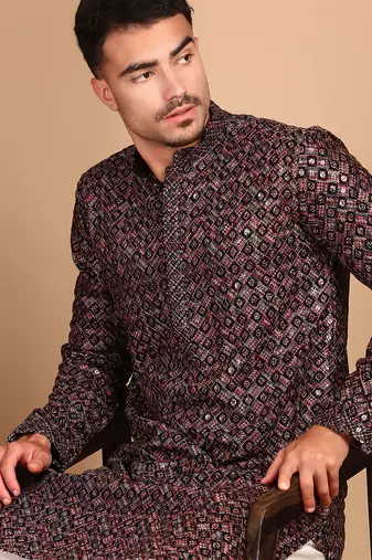 maroon cotton sequins kurta pajama for mens
