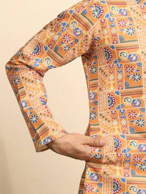cotton blend geometric printed orange kurta 4