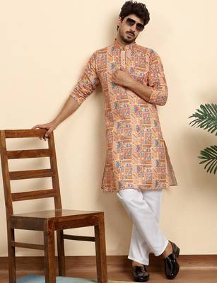 cotton blend geometric printed orange kurta 5