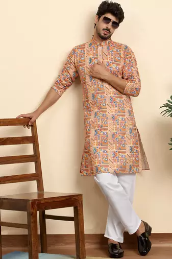 cotton blend geometric printed orange kurta