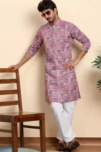 cotton blend geometric printed pink kurta