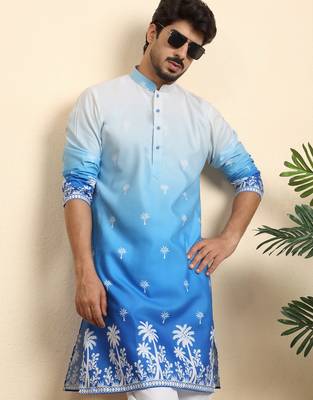 Cotton blend ombre printed blue kurta 1