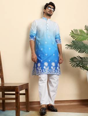 Cotton blend ombre printed blue kurta 5