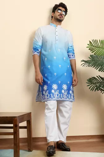 Cotton blend ombre printed blue kurta