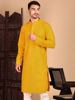 Mustard rayon chikanakri kurta pajama for mens 1