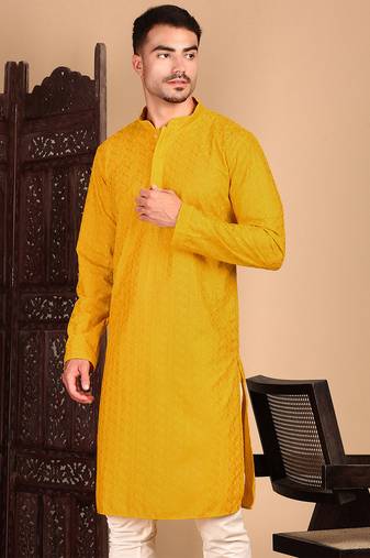 Mustard rayon chikanakri kurta pajama for mens