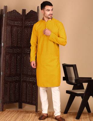 Mustard rayon chikanakri kurta pajama for mens 2