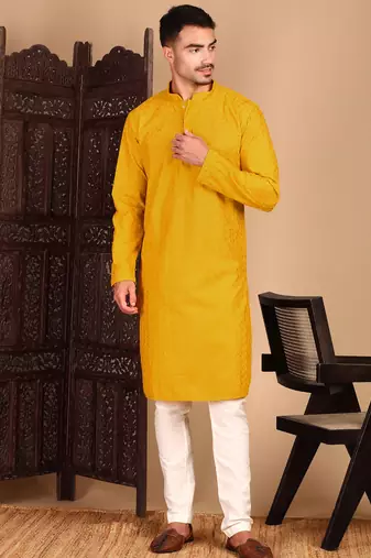 Mustard rayon chikanakri kurta pajama for mens