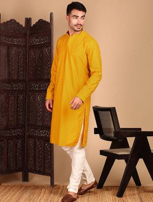 Mustard rayon chikanakri kurta pajama for mens 3