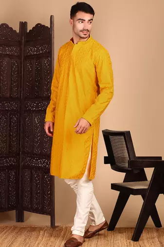 Mustard rayon chikanakri kurta pajama for mens